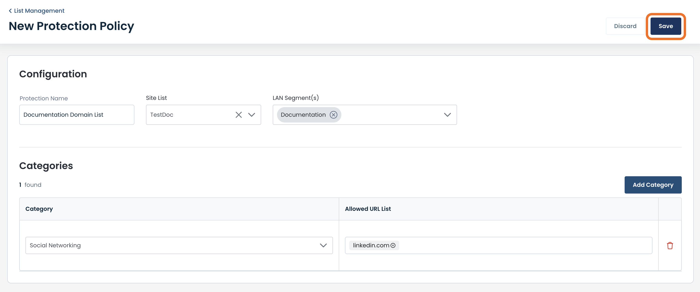Configuration settings for a new protection policy with categories and allowed URLs.